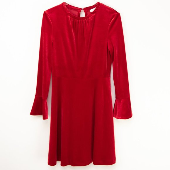 A Loves A Velvet Dress Fit & Flare Long Bell Sleeve Mini Red Size Small New - Picture 2 of 8